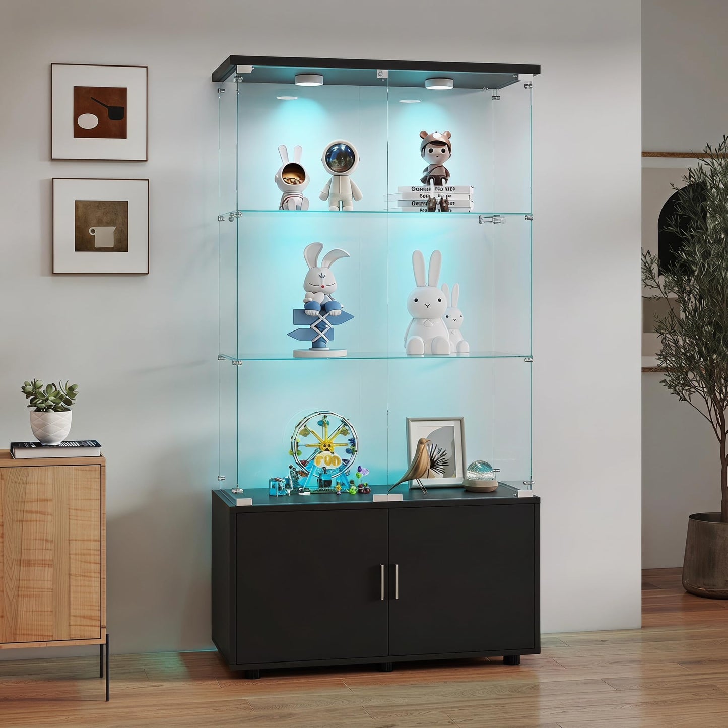 Zevemomo Tempered Glass Display Cabinet with Lights, Double Door, Black