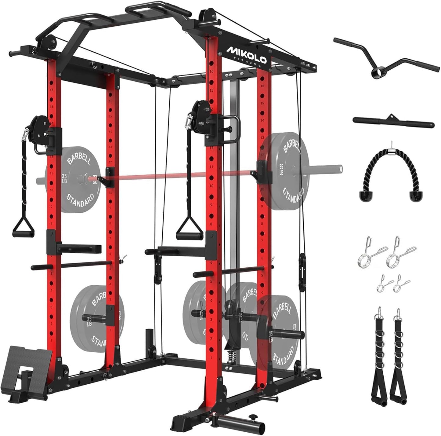 Mikolo Power Cage Power Rack with Cable Crossover System, 1500LBS Squat Rack,with LAT Pull Down System, Home Gym Packages with Weight Bench, Olympic Barbell Weight Set-Red