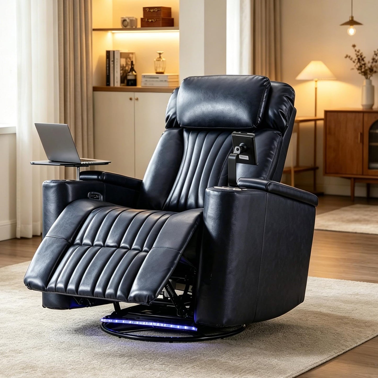 COSYTREE Home Theater Seating Power Recliner Chair, 270°Swivel PU Leather Theater Recliner with LED Ambient Lights, 360°Rotating Tray Table,USB Charging,Cup Holders & Hidden Arm Storage, Blue