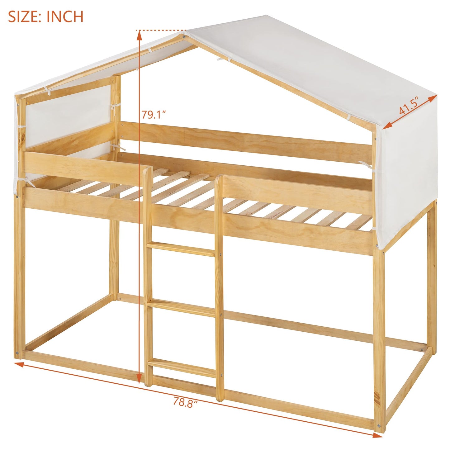 Merax Twin Over Twin Bunk Bed Wood Frame with Beige Cotton Tent,House-Shaped for Kids Toddlers Teens Girls Boys,Natural