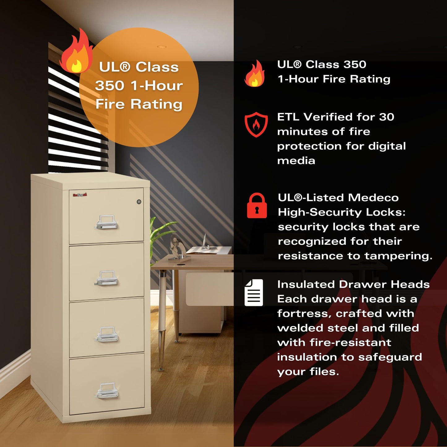 FireKing Vertical 4 Drawer Legal Fire Safe File Cabinet with Key Lock, 1 Hour Fire Rated, UL Rated & Water Resistant Home Safe, Made in The USA, Parchment