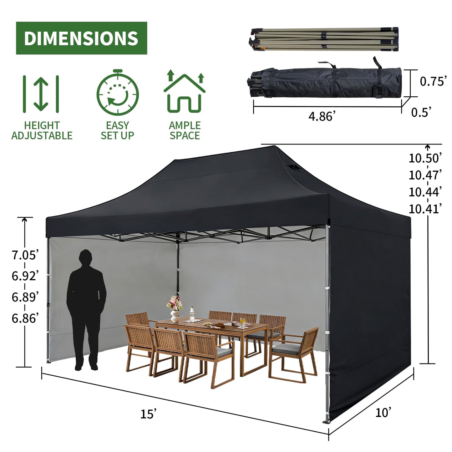 10x15 Heavy Duty Pop Up Canopy Tent, Outdoor Commercial Easy Up Canopy Outdoor Party Tents with 3 Removable sidewalls and Wheeled Bag for Events, Parties, Weddings(Black)