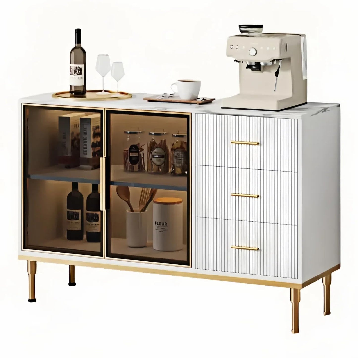 GAOMON Buffet Sideboard Cabinet with Storage, 46.4" Large Fluted Kitchen Sideboard Cabinet with 2 Glass Doors 3 Drawers and Shelves, Faux Marble Top Buffet Table for Dining Room, Living Room, White