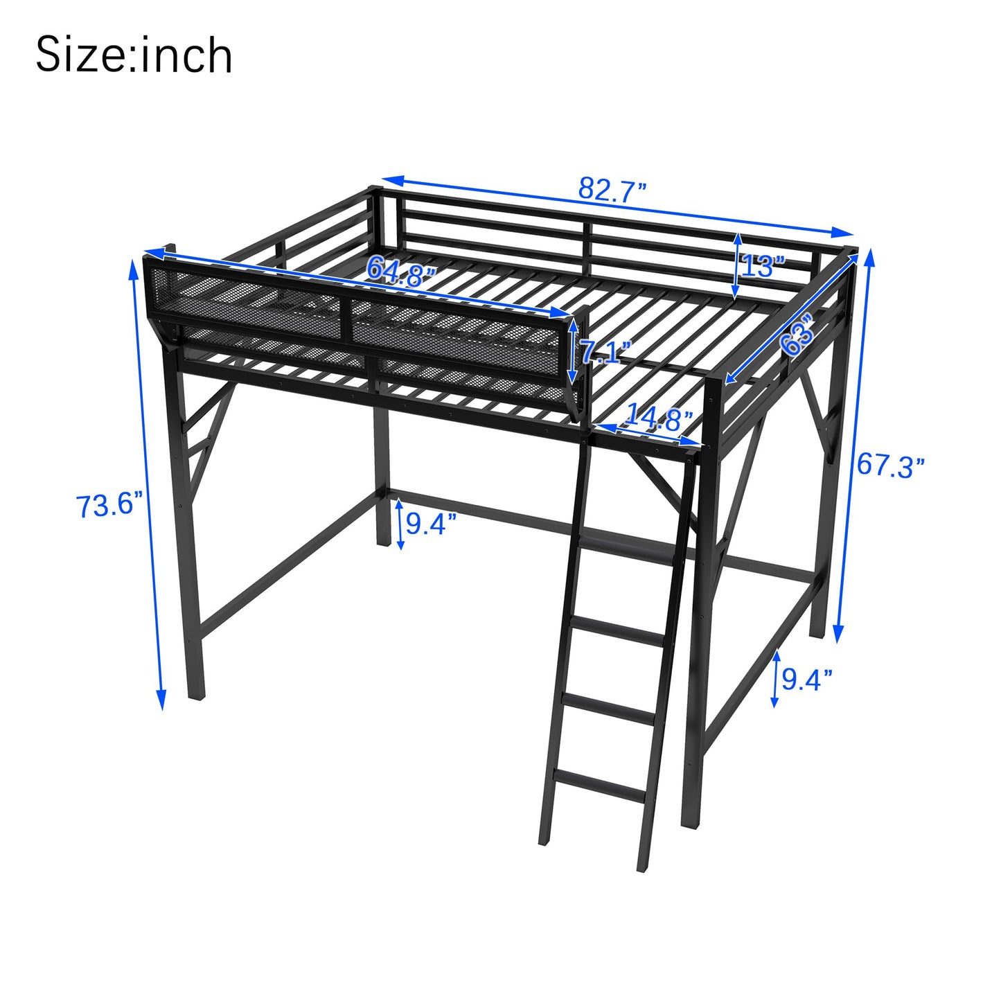 KEIKI Queen Size Metal Loft Bed Frame with Ladder and Built-in Storage Shelves, for Teens, Modern Style Loft Bed with Solid Slats, Guardrail, No Box Spring Required, Easy Assembly, for Bedroom, Black