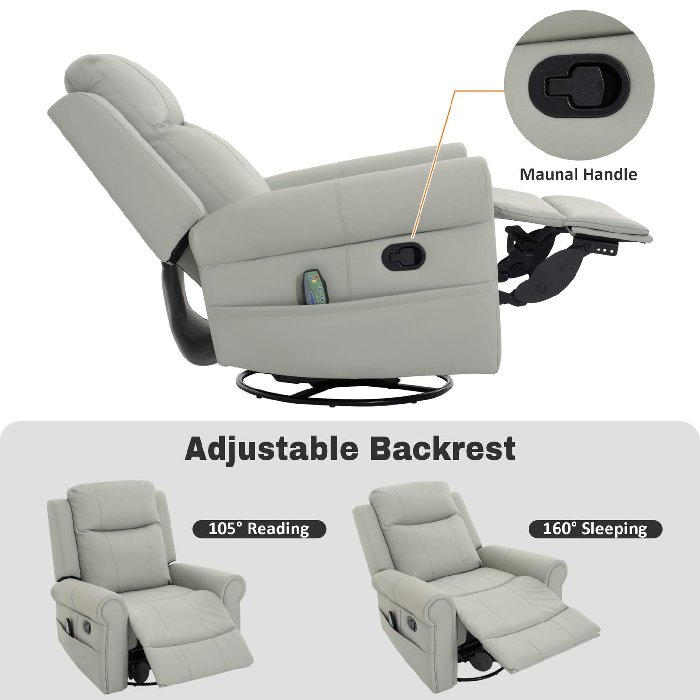Merax 270°Swivel Rocker Recliner Chair, PU Leather Manual Recliner with Massage and Heating, Dual Reclining Positions and Side Pocket and for Living Room, Bedroom, or Nursery, Grey