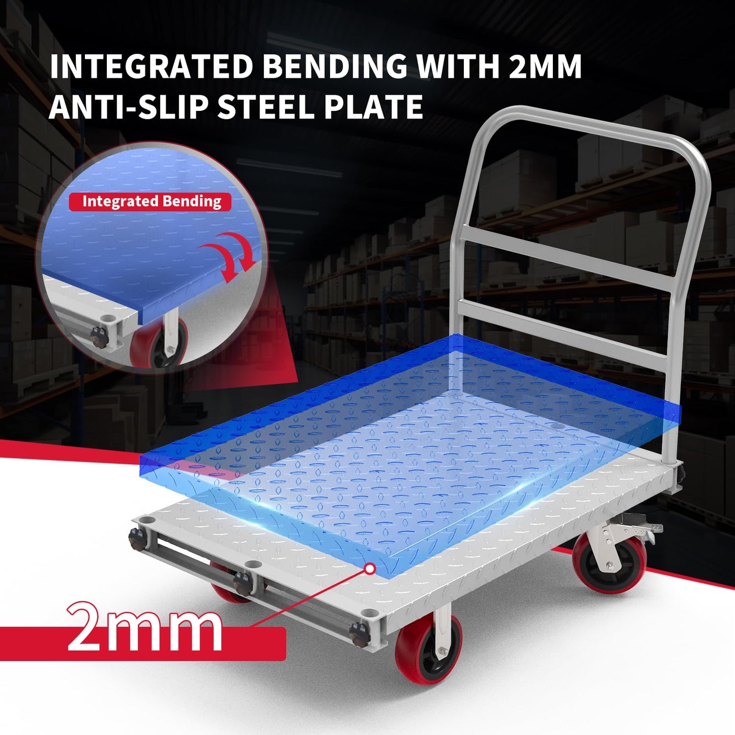 PHEXOD 2IN1 Steel Panel Truck Cart, Lumber Cart Drywall Dolly，2500LBS Heavy Duty Flatbed Cart Dolly with 6" Swivel Brake Wheels, 40x24INCH 2MM Plate Platform Truck with 1Front and 3Side Handrails
