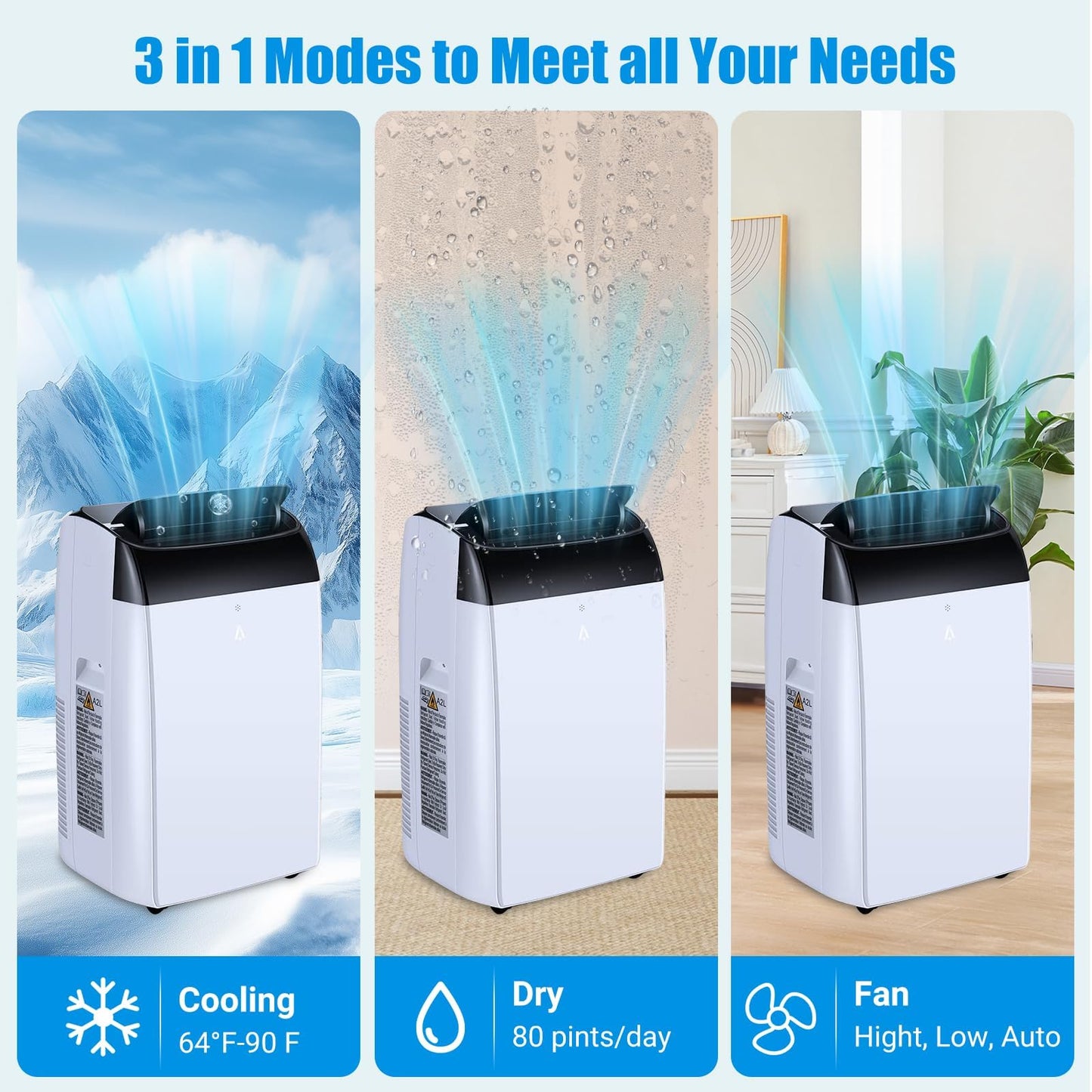Portable Air Conditioner 14000 BTU, AC Unit 3-in-1 with Upgraded Compressor, Cools Rooms Up to 750 Sq. Ft. | 90 Pints Dehumidifier & LED Remote Control for Home, Bedroom, Apartment, Office
