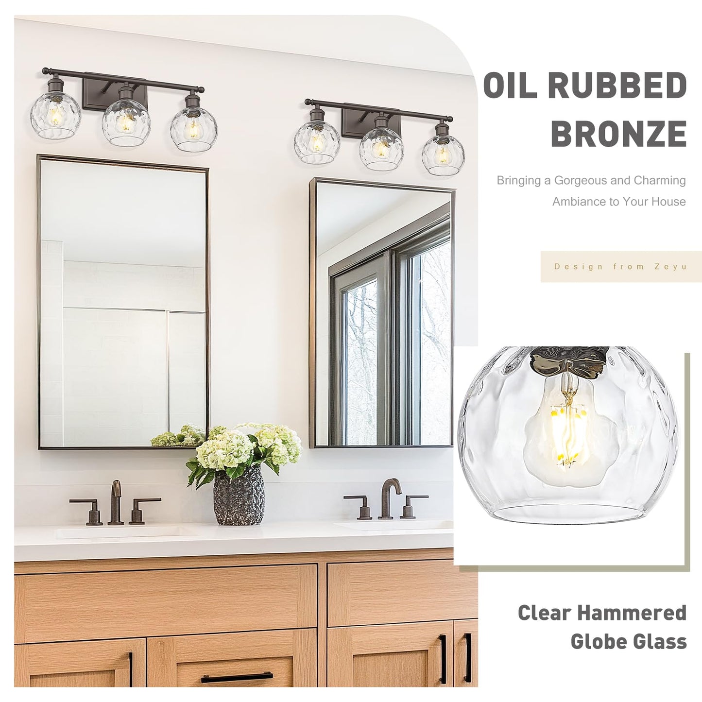 zeyu 3-Light Vanity Lighting - Oil Rubbed Bronze Finish, Clear Hammered Globe Glass, Model ZJF63BG-3W ORB-WG