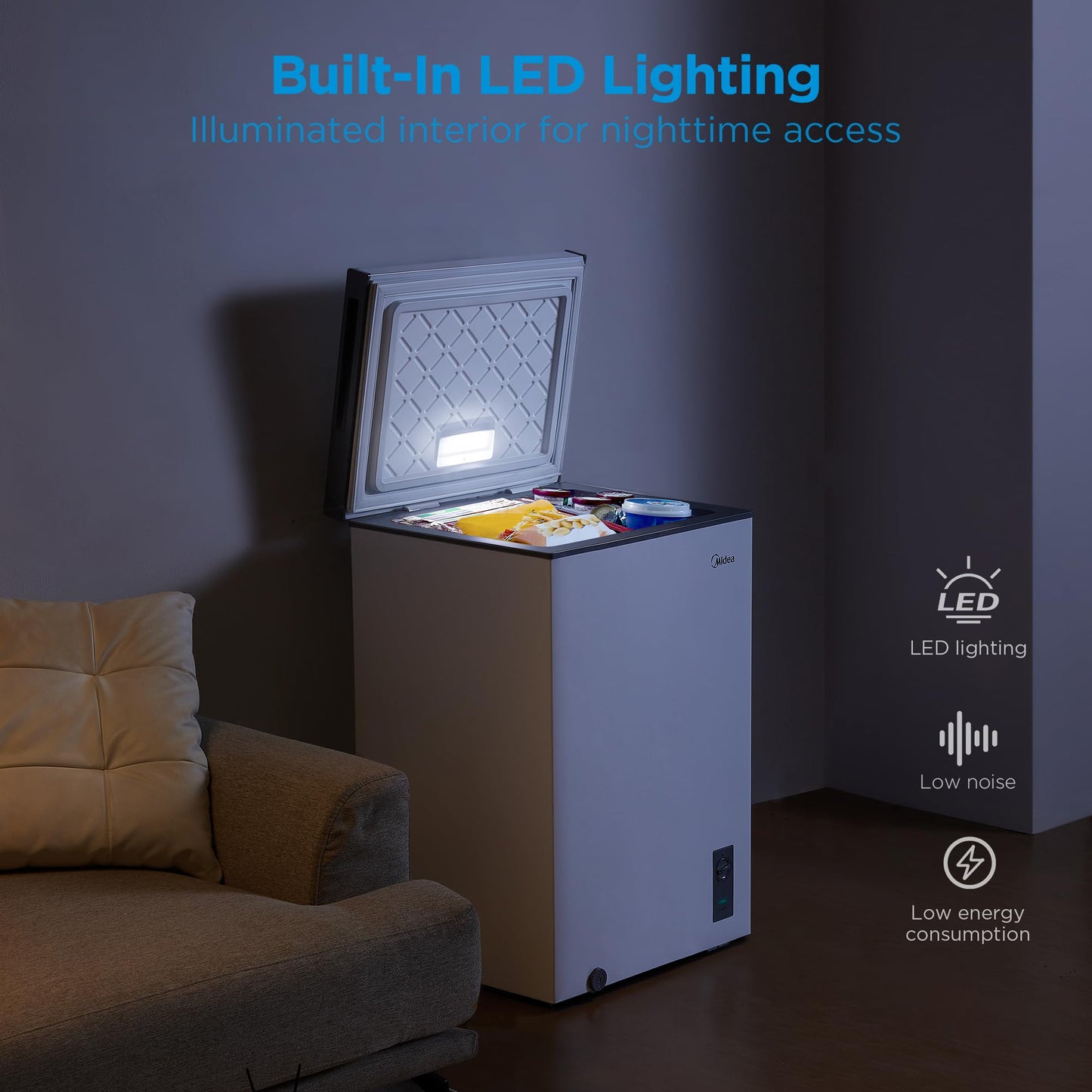 Midea MERC04C4BAWW Chest Freezer, 3.5 Cubic Feet Freezer With Removable Basket, Interior LED Light, Adjustable Temperature, For Kitchen Apartment Office, White