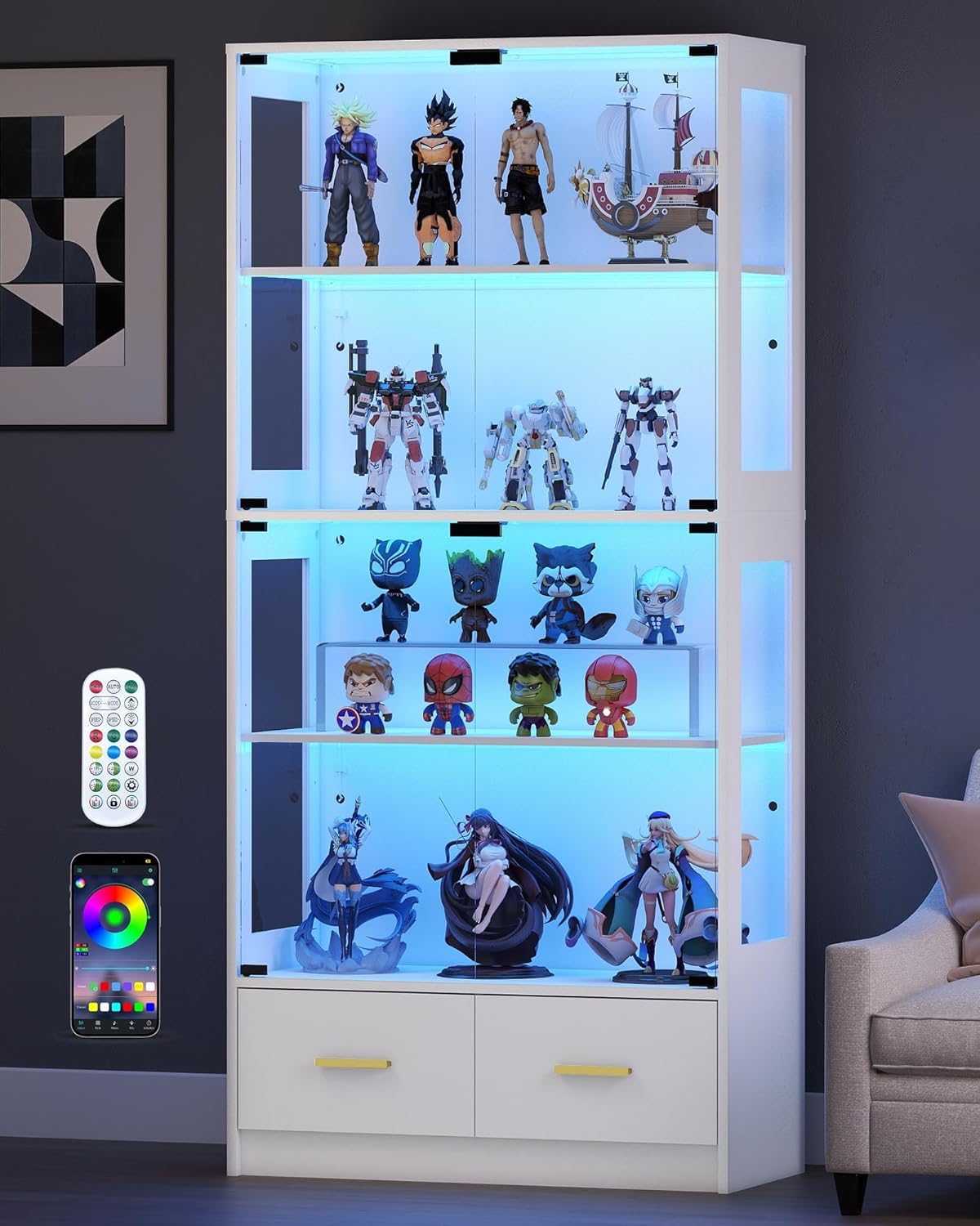 Lamtor Display Cabinet with Glass Doors - 67" Curio Cabinet for Collectibles with RGB LED Lights and 2 Drawers, 4 Tier Glass Display Case for Living Room, Office, White