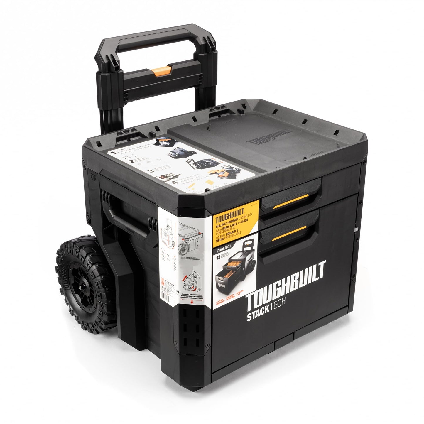 ToughBuilt StackTech 2 Drawer Rolling Locking Box, Heavy-Duty Portable Tool Chest, 240 lb Capacity - Stackable Toolbox Storage Organizer with Dividers, & Auto-Latching Drawer