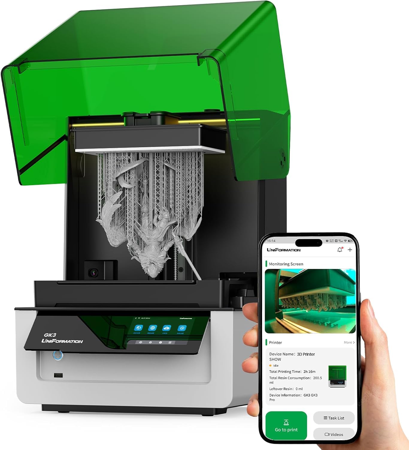 UniFormation GK3(B) Resin 3D Printer 16K HD LCD with COB Light Source 3D Resin Printer Ball Screw Z-axis & Smart Heating System & App Control 8.3 x 4.7 x 9.5 Inches Large Build Volume