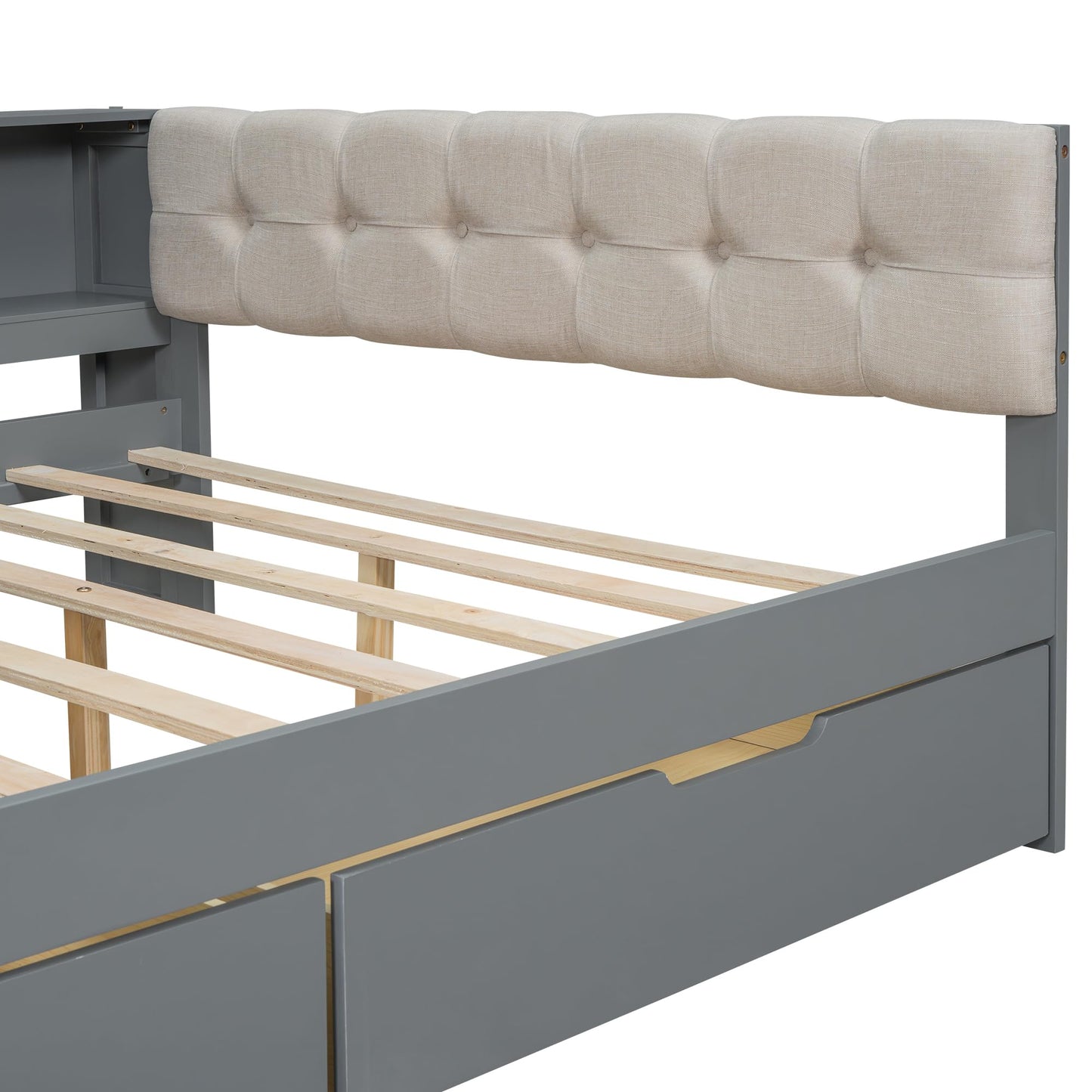 Merax Full Size Platform Bed with Storage Shelves,Drawers,Charging Station and Upholstered Headboard for Bedroom,