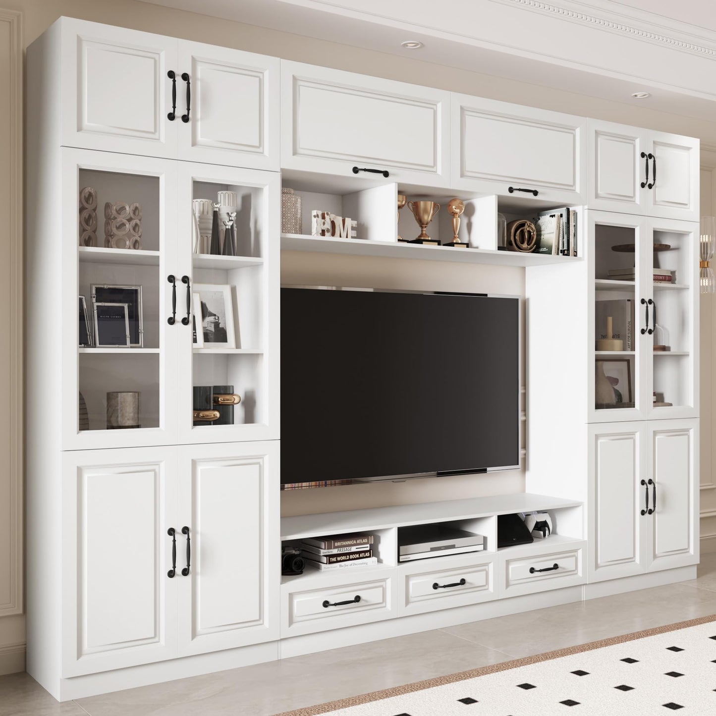 Mekminop 126" Entertainment Center Wall Unit with Glass Doors & Drawers, Large Wall Unit TV Stand for TVs up to 70", Media Console Table for Living Room, Can be Split into 4 Separate Cabinet, White