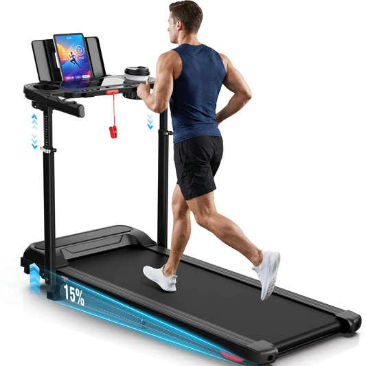 ANCHEER 15% Incline Walking Pad Treadmill with Desk Workstation & Adjustable Height, Portable Treadmills for Home 450 lbs Weight Capacity, 3.5HP Quiet Walking Pad with Desk, Installation in 4 Steps