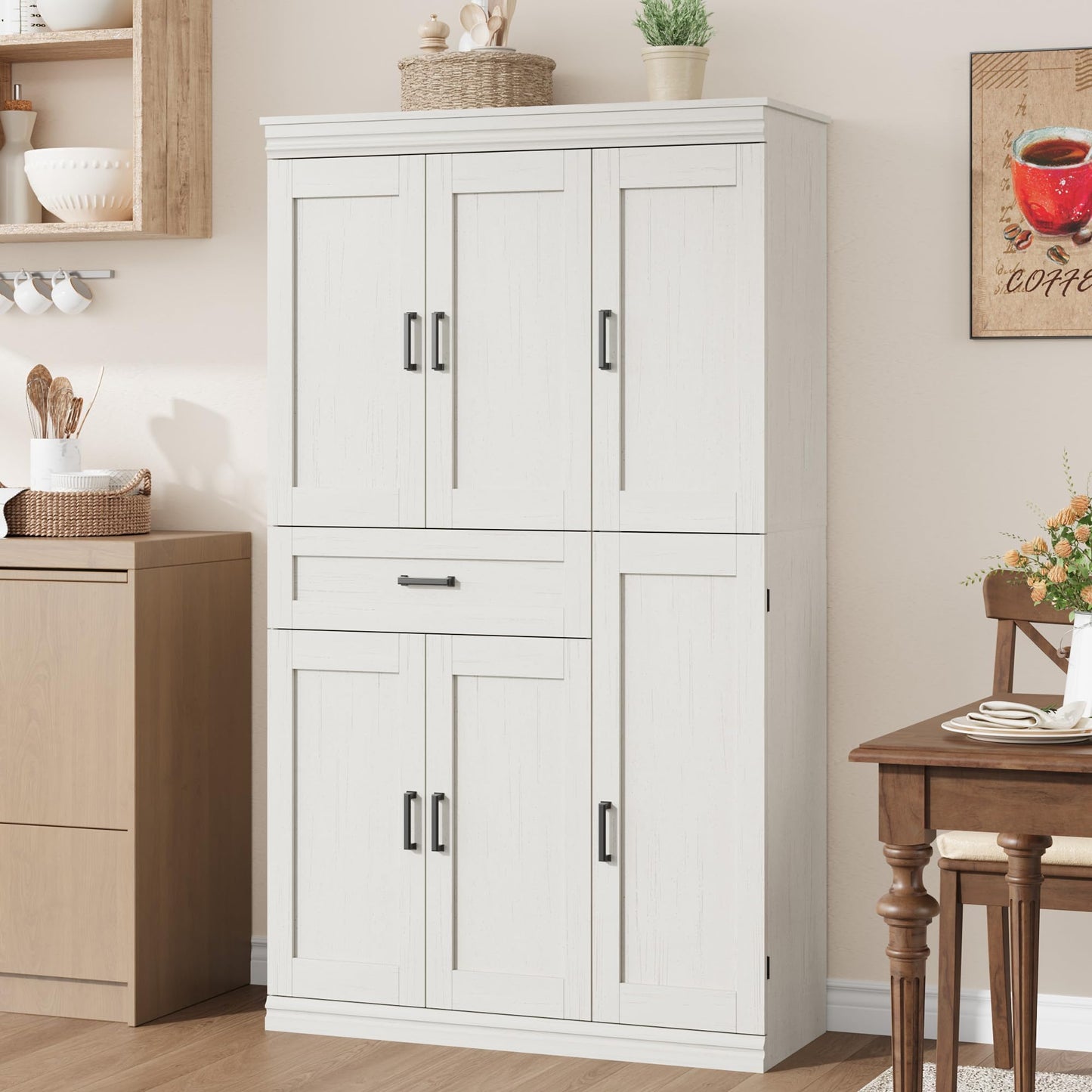 Garvee 70" Tall Kitchen Pantry Storage Cabinet, Modern Kitchen Hutch Cabinet with Doors and Shelves, Freestanding Food Pantry with Large Storage Drawer for Dining Room and Household Organization