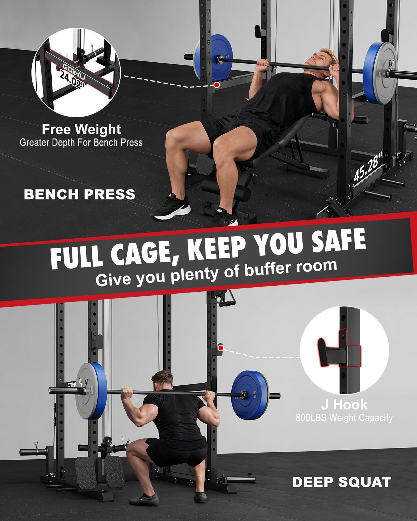GOIMU RH01 Power Cage Rack, 2000LBS Squat Rack with with Cable Crossover System&LAT Pull Down System, Multi-Function Workout Cage for Home&Garage Gym (Black-SE, RH01 Power Cage)