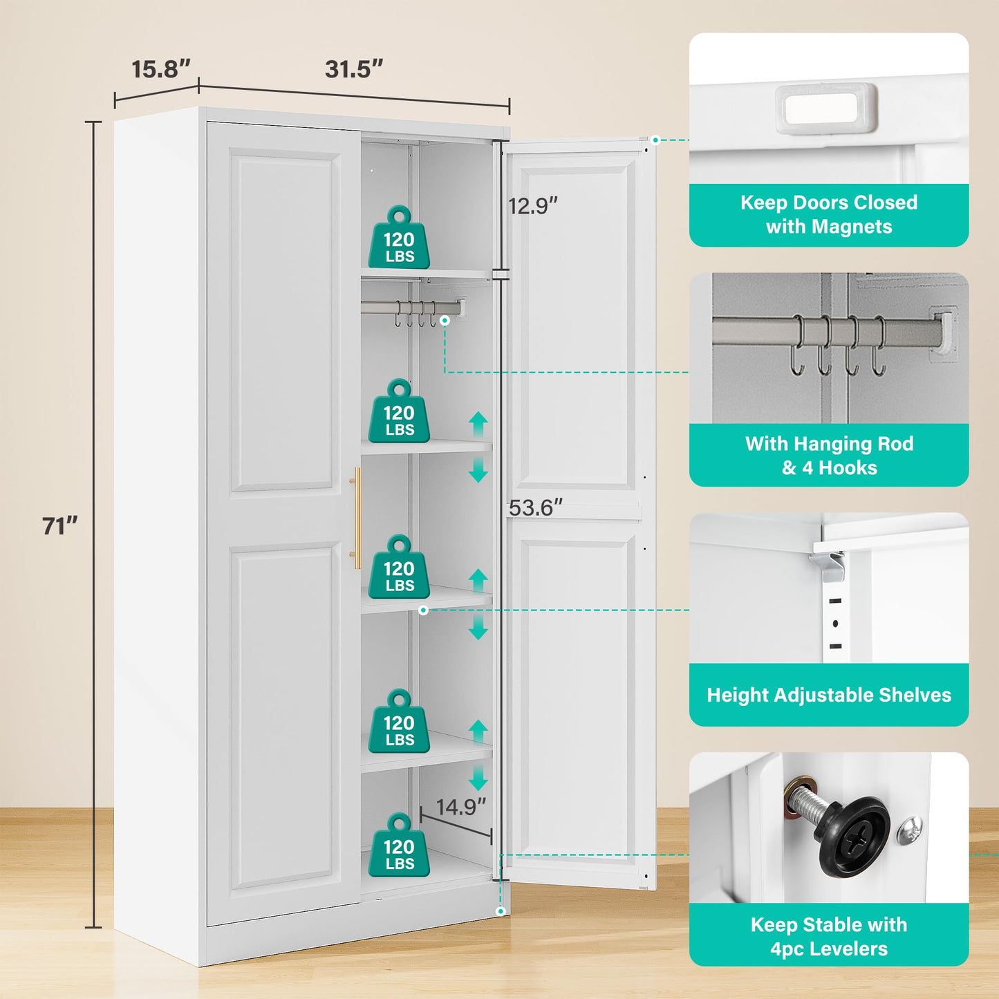 SISESOL 71" Tall Storage Cabinet with 9 Shelves and Hanging Rod,Kitchen Pantry Cabinet with 2 Door,White Metal Storage Cabinets,Large Cupboard for Home,Kitchen,Laundry,Bathroom