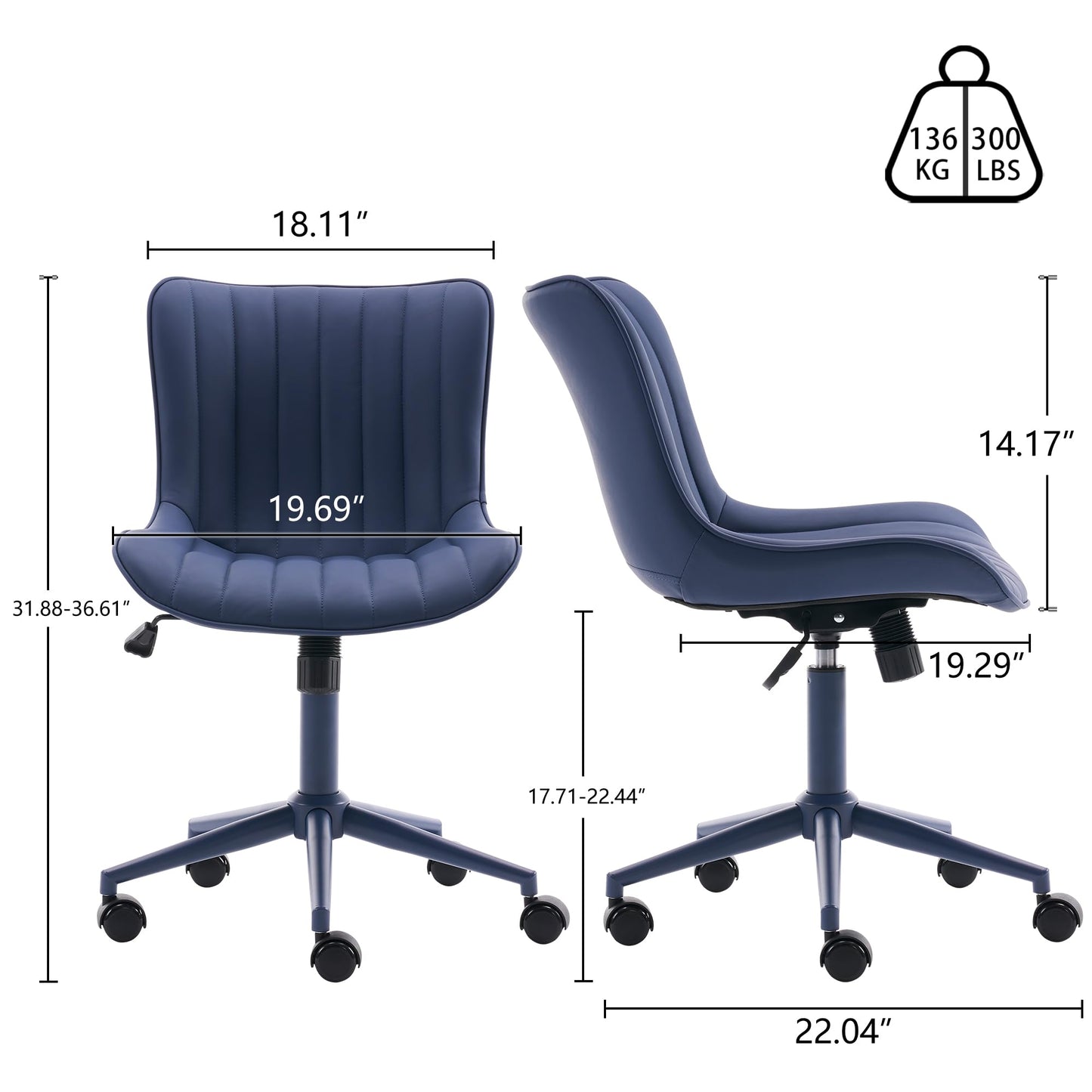 YOUNIKE Office Desk Chair with Wheels Armless Vanity Chair with Back Comfy Leather Upholstered Rolling Task Chair Swivel Small Cute Sewing Chair No Arms Wide Ergonomic Mid-Century Modern Navy Blue