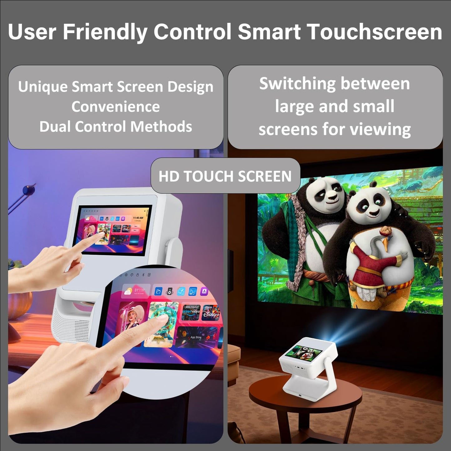 TouchScreen Smart Portable Projector,A2Ultra 4K Support Outdoor Projector with WiFi6 and Bluetooth, 800 ANSI Dual-Screen Sync,1000+ Apps, Auto Focus Movie Proyector for Home Theater/Outdoor/Gaming