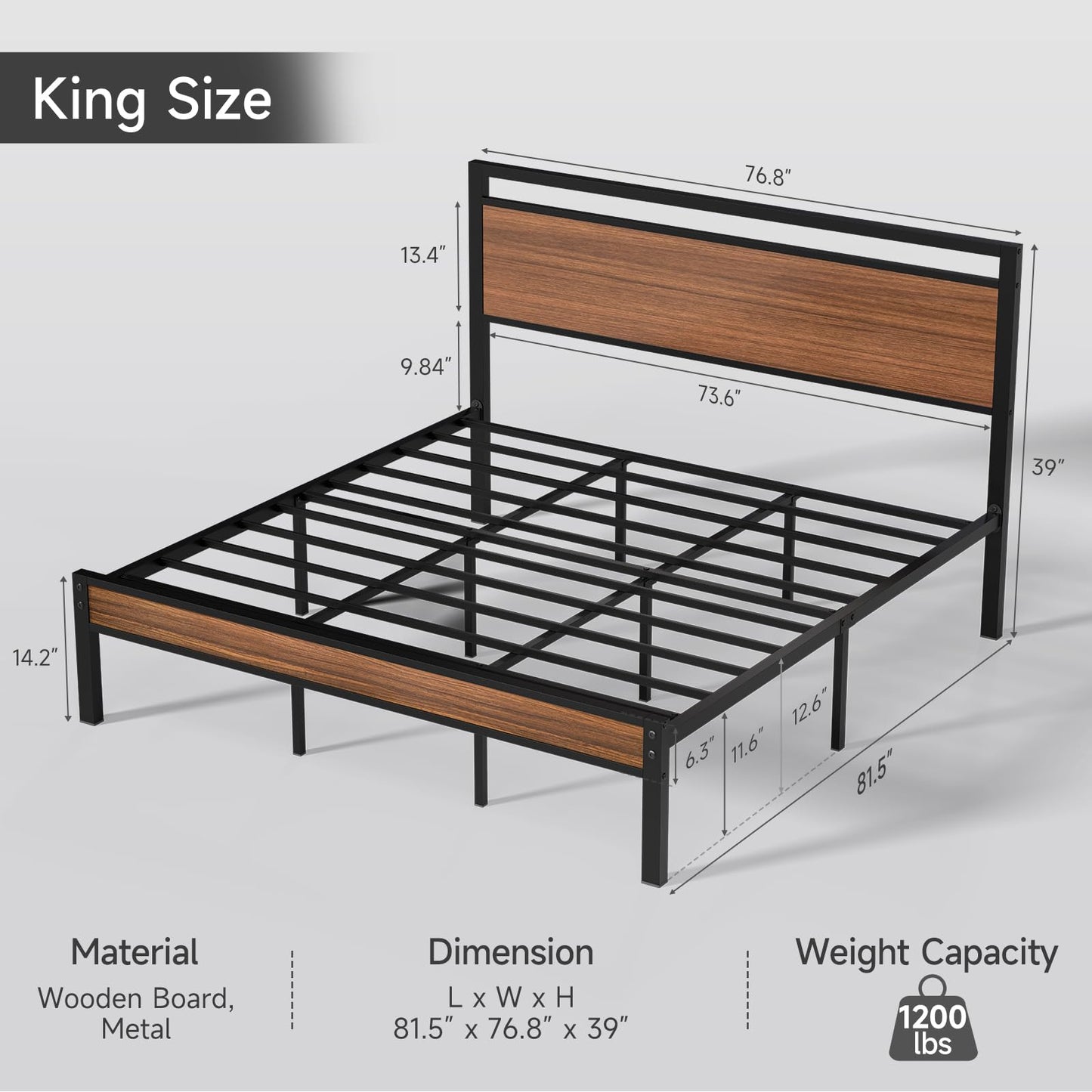 Z-hom King Metal Bed Frame with Wooden Headboard and Footboard, Heavy Duty Platform Frame with Metal Slats, No Box Spring Needed, Quiet and Non-Slip Design, Space Saving Bed Frame for Bedroom,Walnut