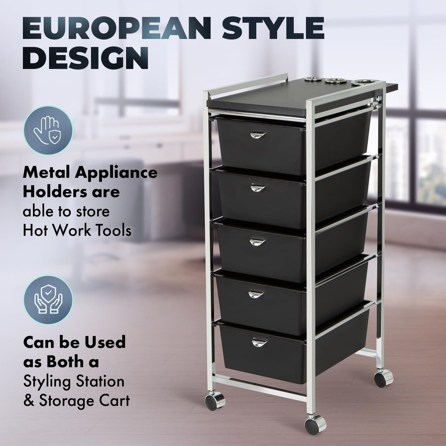 Pibbs D29-BLK 5-Tier Professional Salon Utility Cart with Wheels - Black Styling Station with Metal Appliance Holders, Extra-Large Work Surface & 5 Removable Storage Drawers – Durable & Mobile