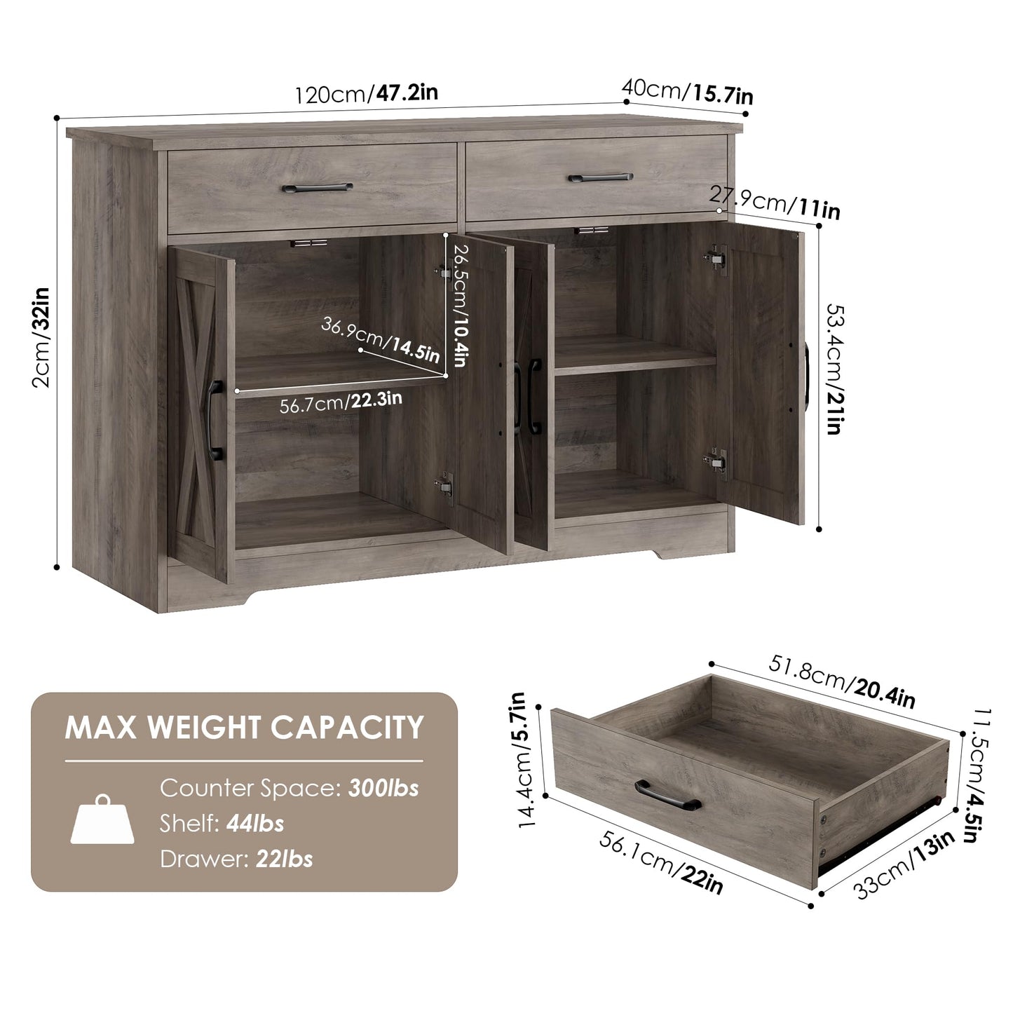 HOSTACK Buffet Cabinet with Storage, 47.2" Kitchen Sideboard Buffet with Drawers, Modern Farmhouse Coffee Bar Station with Shelves, Barn Doors Storage Cabinet for Living Room, Ash Grey