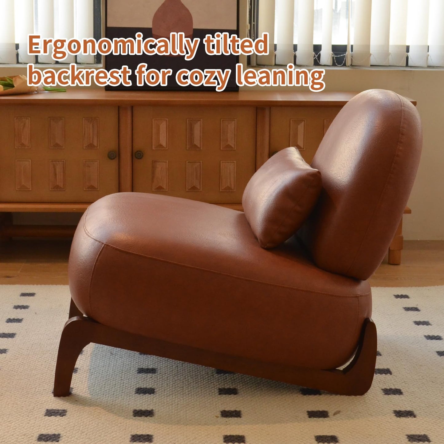 KEIKI Cute Accent Chair Set of 2, Living Room Single Seat Sofa with Solid Wood Legs, Faux Leather Comfy Armless Reading Chair for Bedroom, Apartment, Waiting Room, Balcony, Brown