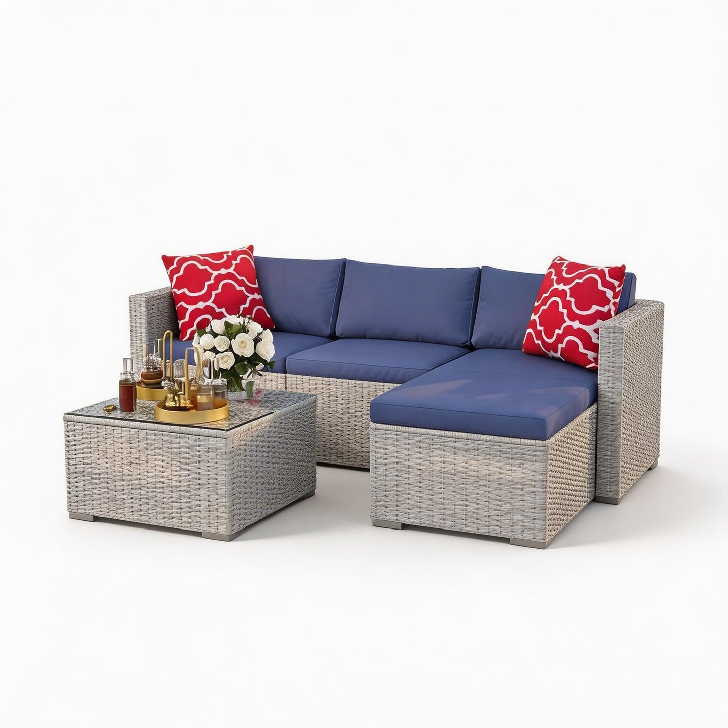 GarveeTech 5 Pieces Patio Furniture Set, All Weather Wicker Rattan Sectional Sofa, Outdoor Patio Furniture Set with Washable Cushions for Garden, Backyard, Porch, Poolside (Grey&Blue)