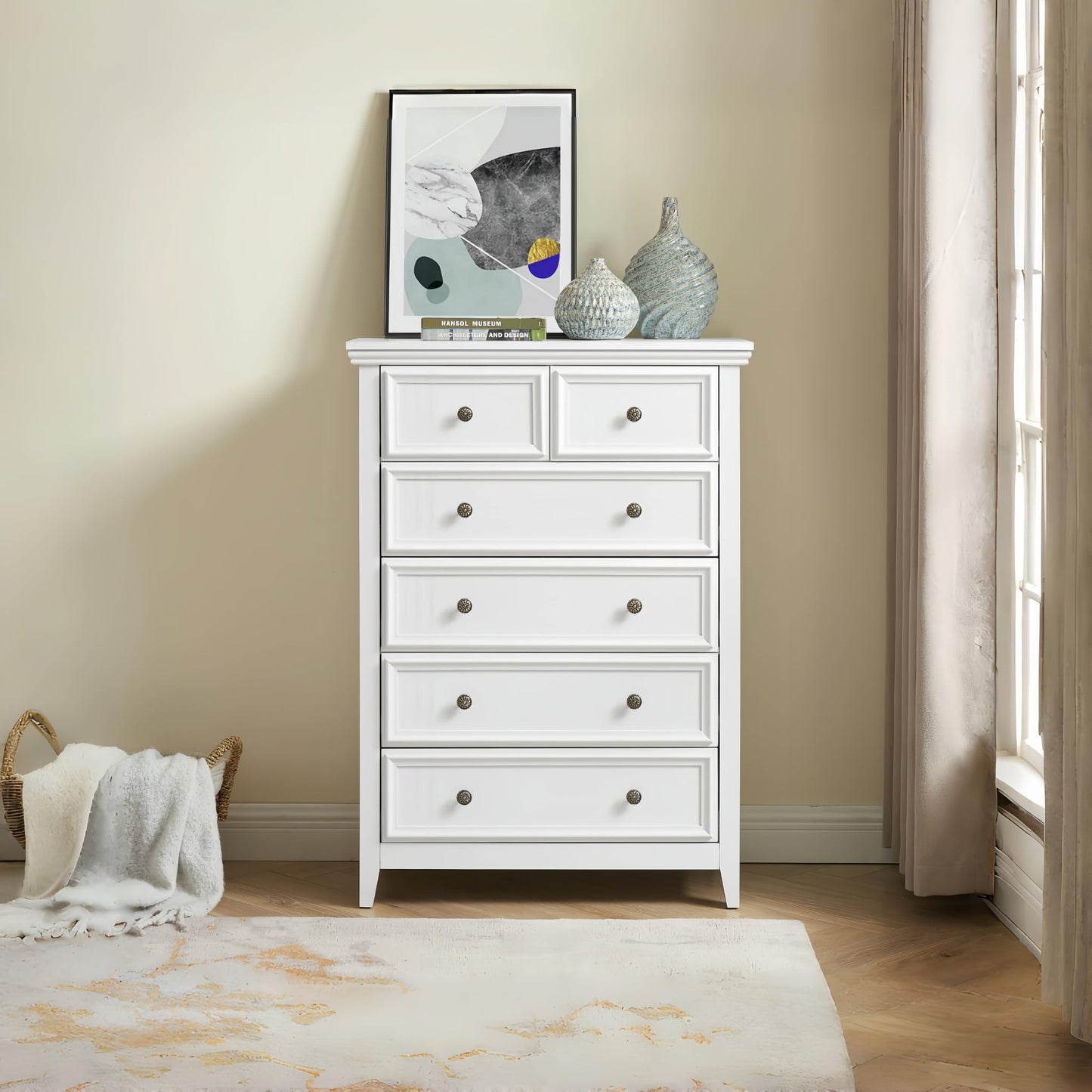 CKEASEAN 6 Drawer Dresser, 44 inch Tall Farmhouse Dresser Nightstand Chest of Drawer, Wooden Storage Cabinet Storage Chest of Drawers for Living Room, Hallway, Entryway (White, 44" H)