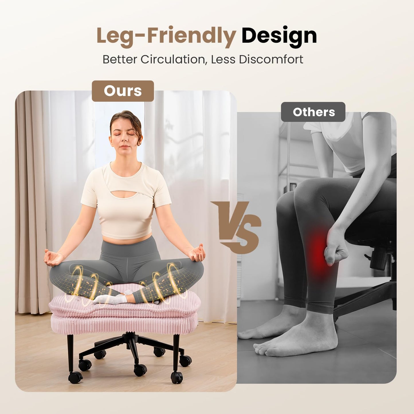 Extra-Wide & Tall Cross-Legged Office Chair – Deeply-Padded Cloud Seat, Ergonomic Back Support, Adjustable Height for ADHD & Meditation,Pink