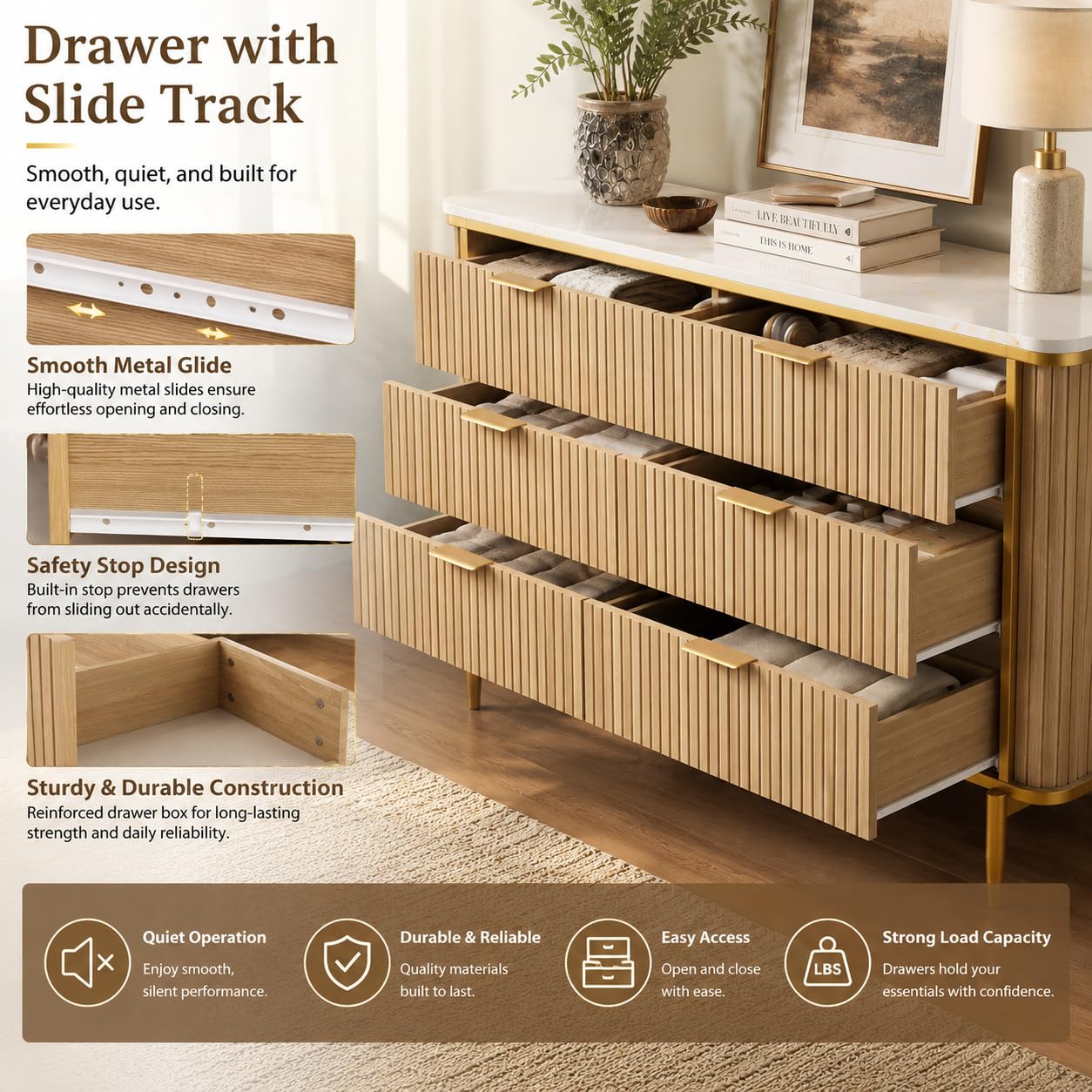 OneBlis 55.1" W 6 Drawer Dresser for Bedroom, Modern Fluted Wood Dresser with Marble-Look Top and Gold Accents, Double Chest of Drawers Storage Cabinet for Closet, Living Room, Entryway, Natural Oak