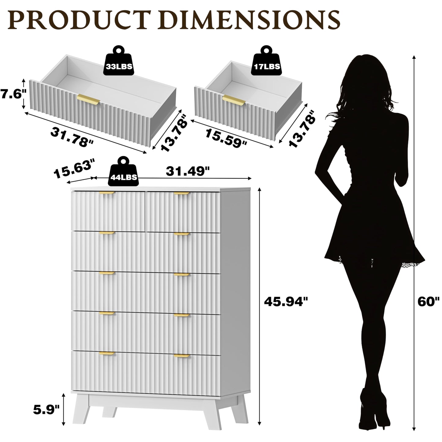 BORNOON 46" Tall Dresser for Bedroom, 6-Drawer Fluted Chest of Drawers, Modern Wood Highboy with Deep Storage, Metal Slides and Handles, Anti-Tip Kit, Vertical Clothes Organizer for Apartment, Nursery