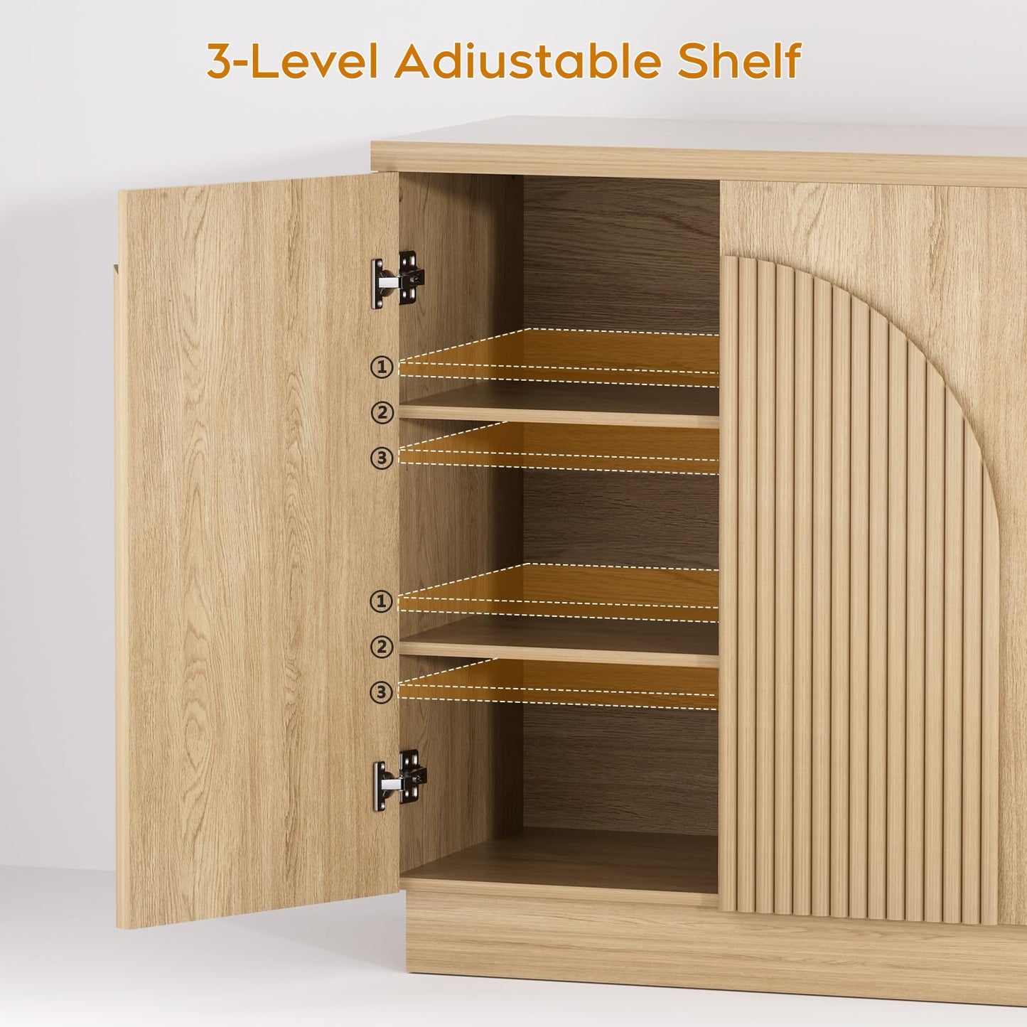 Yechen 55" Fluted Sideboard Buffet Cabinet with Storage, Wood Mid Century Modern Credenza Cabinet w/Arched Reeded Doors & Adjustable Shelves for Kitchen, Living Room, Entryway, Natural