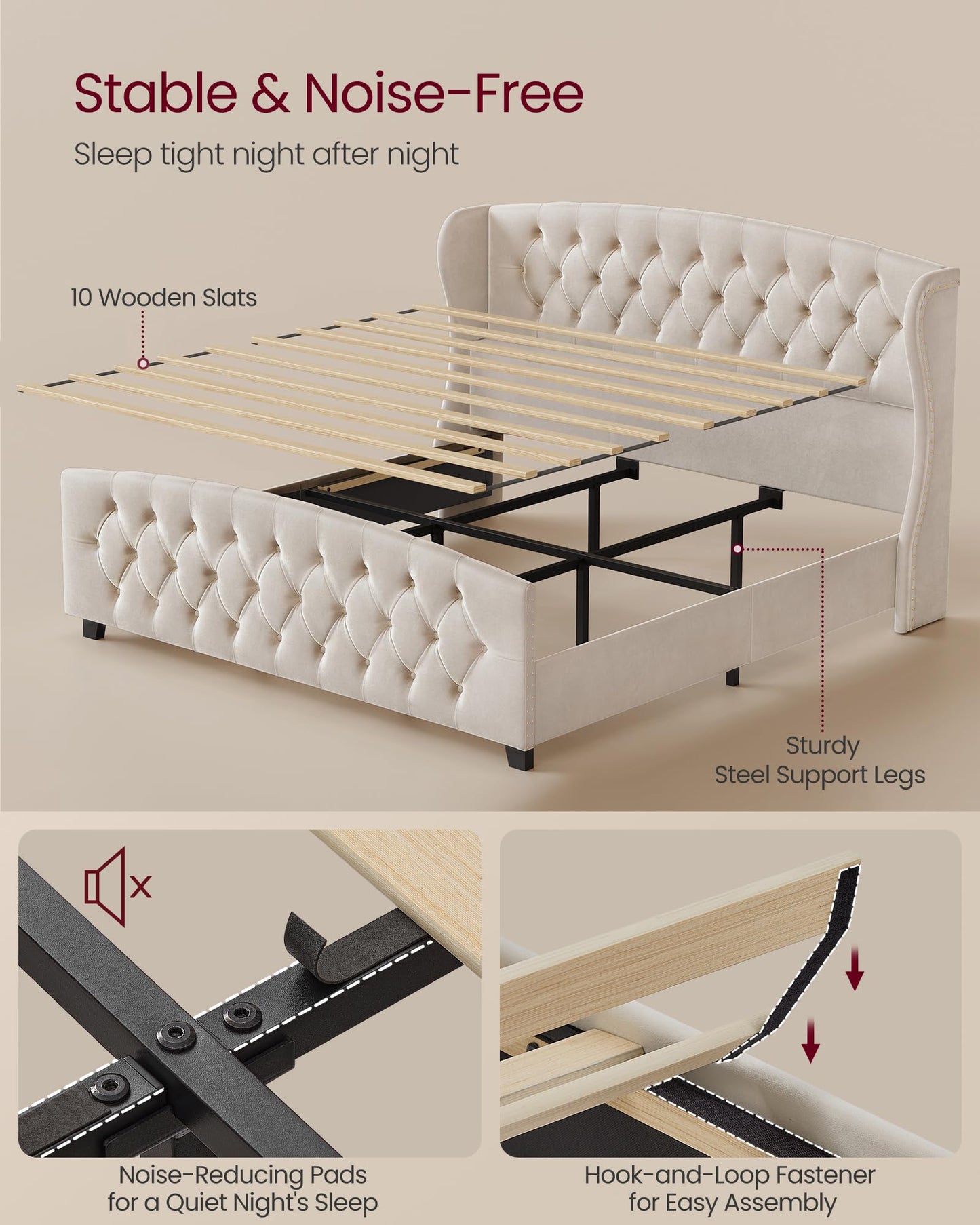 VASAGLE King Bed Frame with Tall Headboard, Upholstered Platform Bed Frame King Size, with Wingback Tufted Headboard and Footboard, Wooden Slats, No Box Spring Needed, Cappuccino Beige URMB884W01