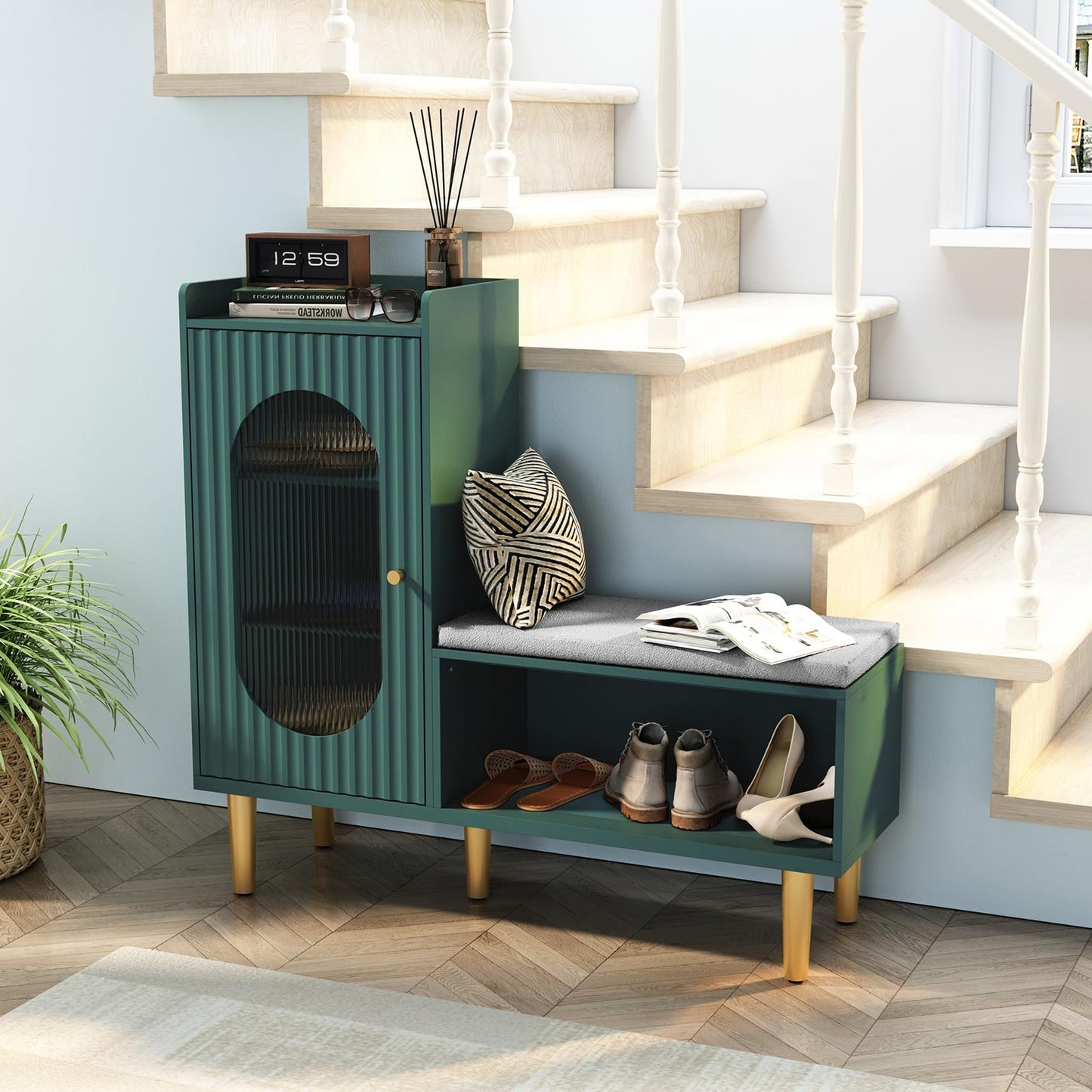 HLR Storage Bench Set of 2, Green Modern Entryway Shoe Cabinet Bench with Glass Door&Shelf, L-Shaped Storage Cabinet with Padded Seat for Hallway, Bedroom, Living Room, Office
