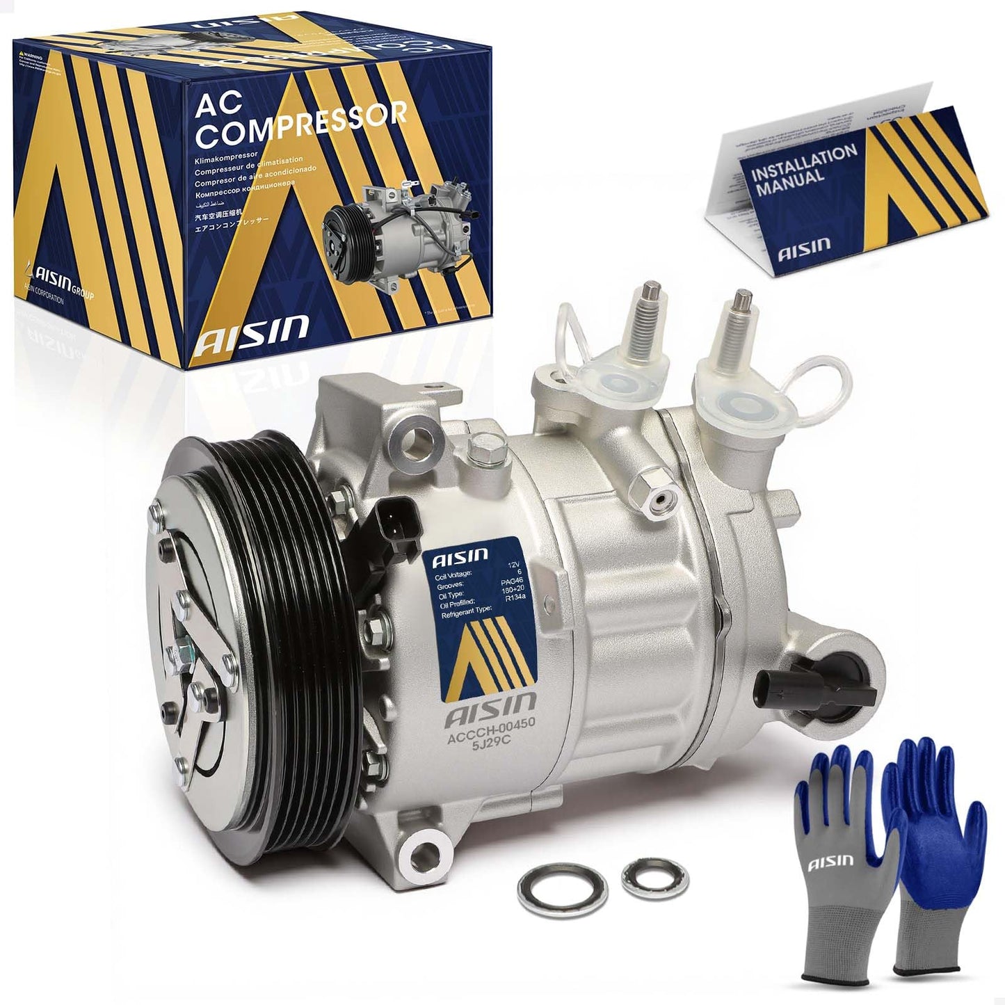 AISIN AFTERMARKET ACCCH-00450 Air Conditioner AC Compressor - Compatible with Jeep Wrangler 2020-2023 3.0L, Gladiator 2021-2023 3.0L - with 6-Pulley Groove, with Clutch