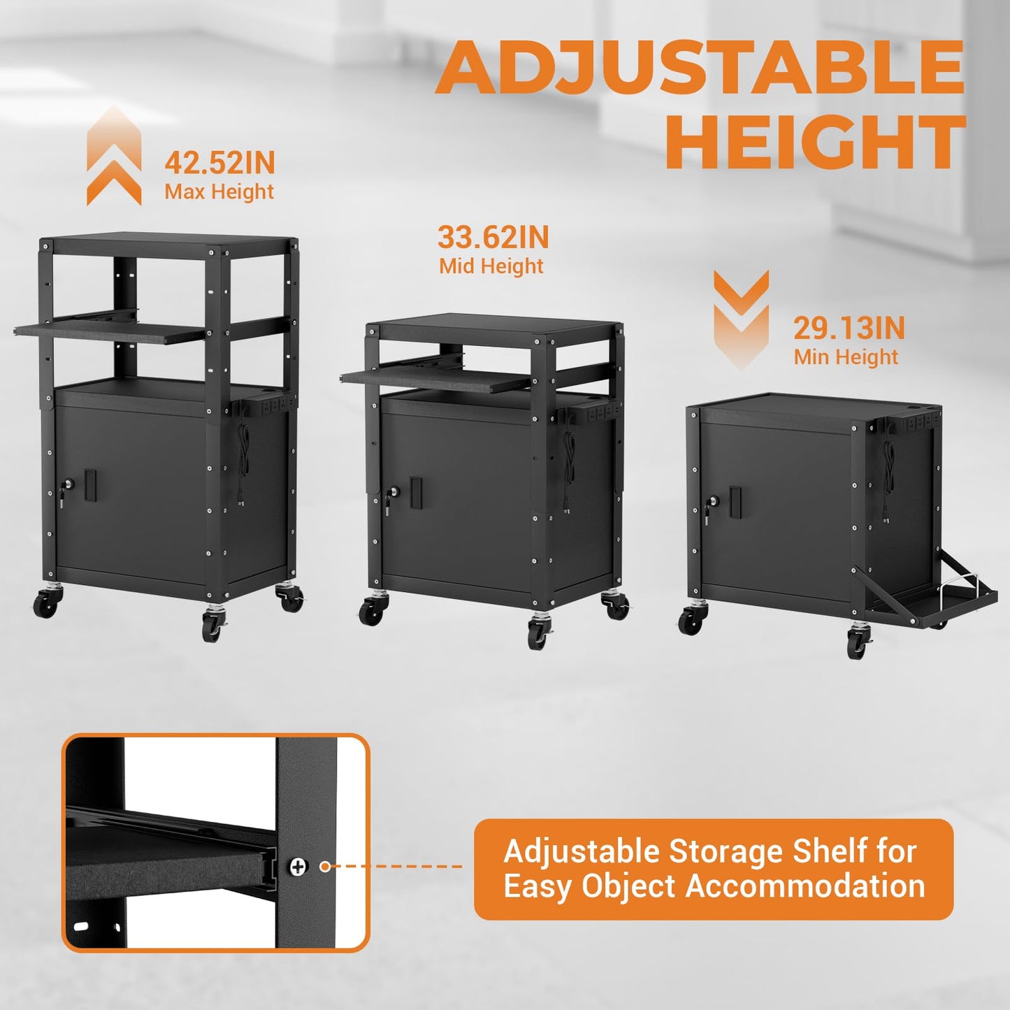 Mobile AV Cart with Cabinet, Rolling Computer Cart Height Adjustable Rolling Media Utility Cart with Extra Storage Space, 4 Outlets, Pullout Keyboard Tray Perfect for Home or Office Use