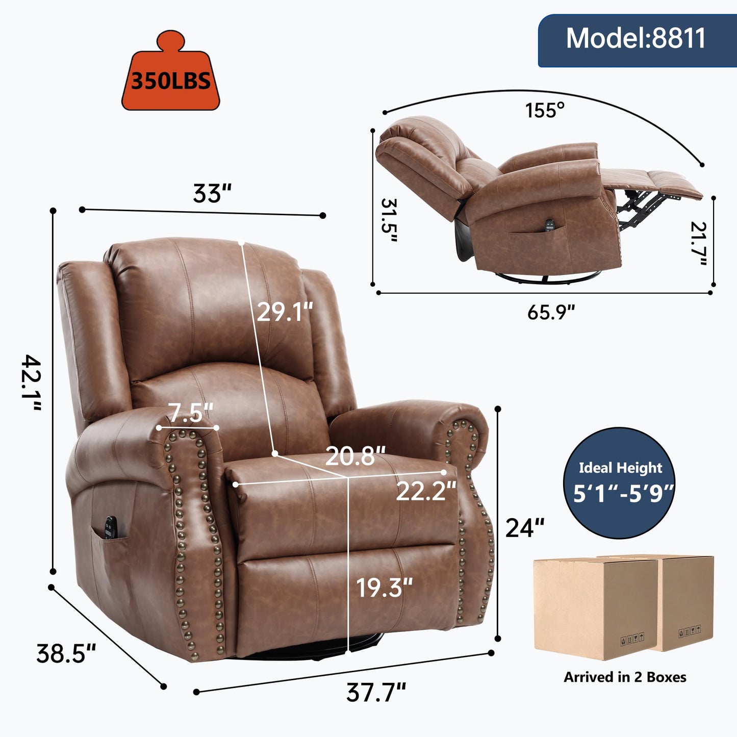 GDFStudio Heat Massage Swivel Rocker Recliner Chair, Manual Fabric Recliner with 360° Swivel, Rocking Function, Lumbar Heat and 8-Point Massage, Overstuffed Living Room Reclining Chair, Yellow Brown