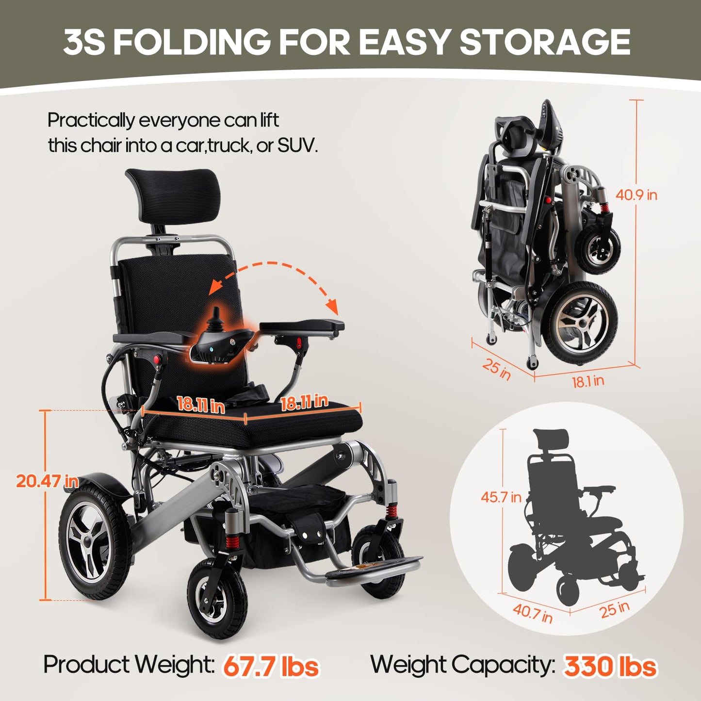 Reclining Electric Wheelchair for Adults Foldable Power Motorized Wheelchair Reclining Backrest All Terrain Electric Wheelchair for Seniors Portable Airline Approved Sliver
