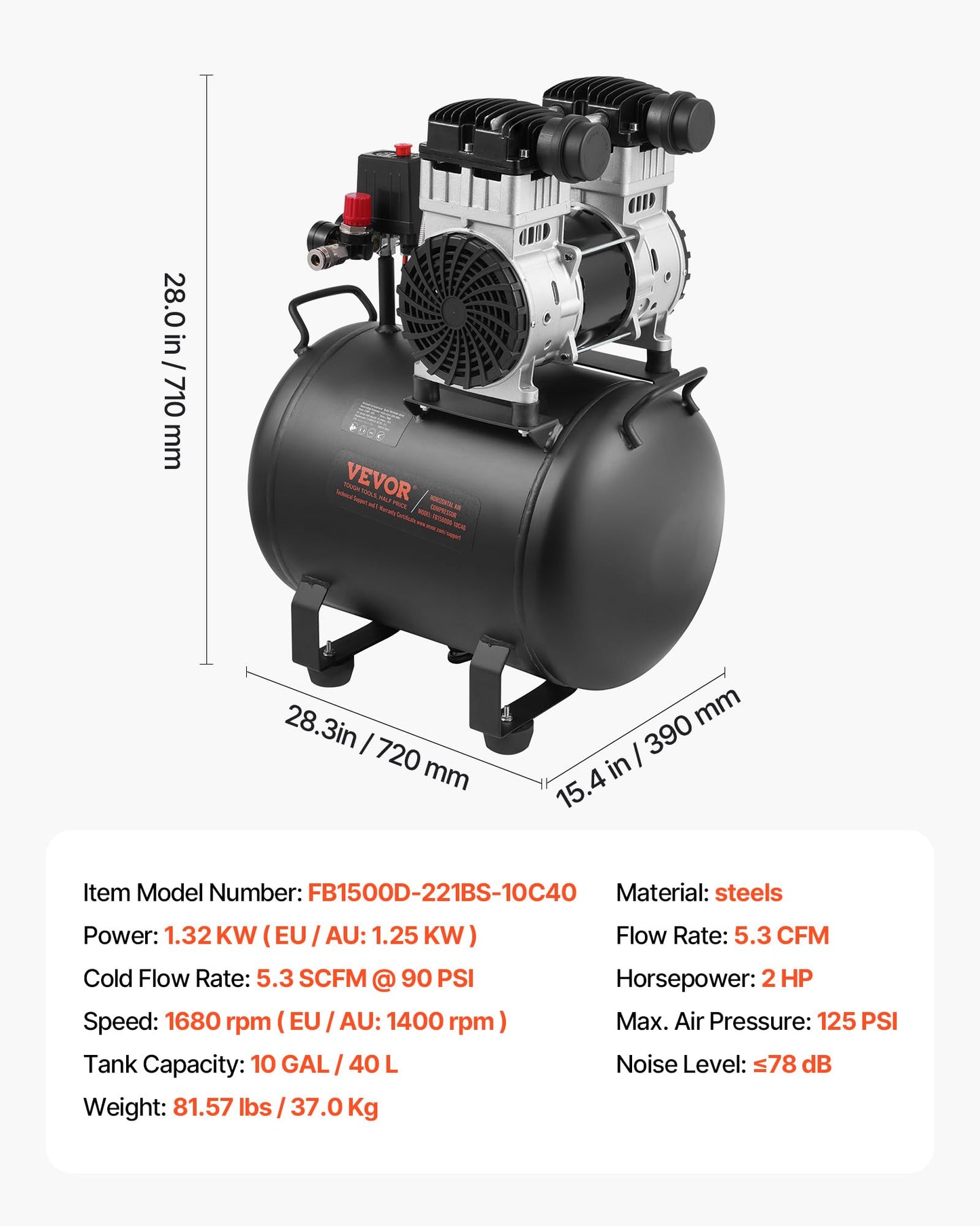 VEVOR Air Compressor, 10 Gallon Steel Tank, 2HP 5.3 CFM@90 PSI Oil Free Air Compressor & Max. 125PSI Pressure, 78dB Ultra Quiet Portable Compressor, for Auto Repair, Tire Inflation, Spray Painting