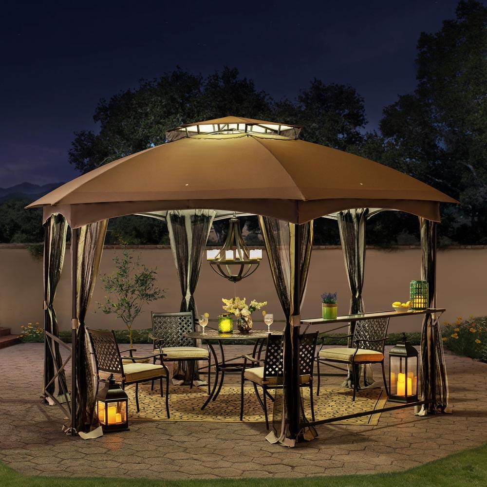Sunjoy 15x15 ft. Soft Top Gazebo, Hexagon Steel Framed Patio Outdoor Backyard Gazebo with 2-Tier Dome Roof, Netting, Ceiling Hook, and Bar Shelf, Gray