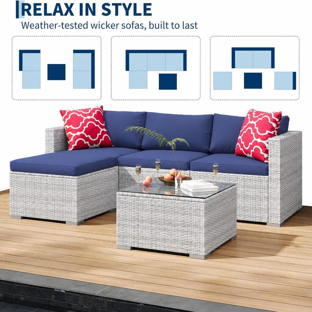 GarveeHome 5 Pieces Outdoor Patio Furniture Set, All Weather Wicker Rattan Sectional Sofa, Patio Conversation Set with Cushions and Glass Coffee Table for Backyard Porch Garden Balcony, Blue