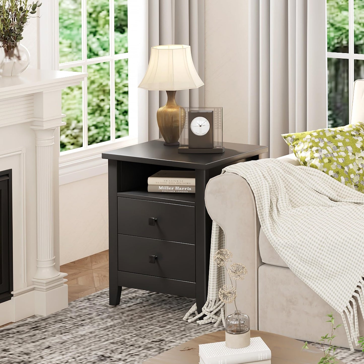 JSB Farmhouse Nightstand Set of 2, Night Stand with 2 Drawers,Open Shelf, End Table/Bed Side/Side Table for Bedroom, Kids Room, Living Room (Black, 18.7" W x 15" D x 23.8" H (2 Drawers))