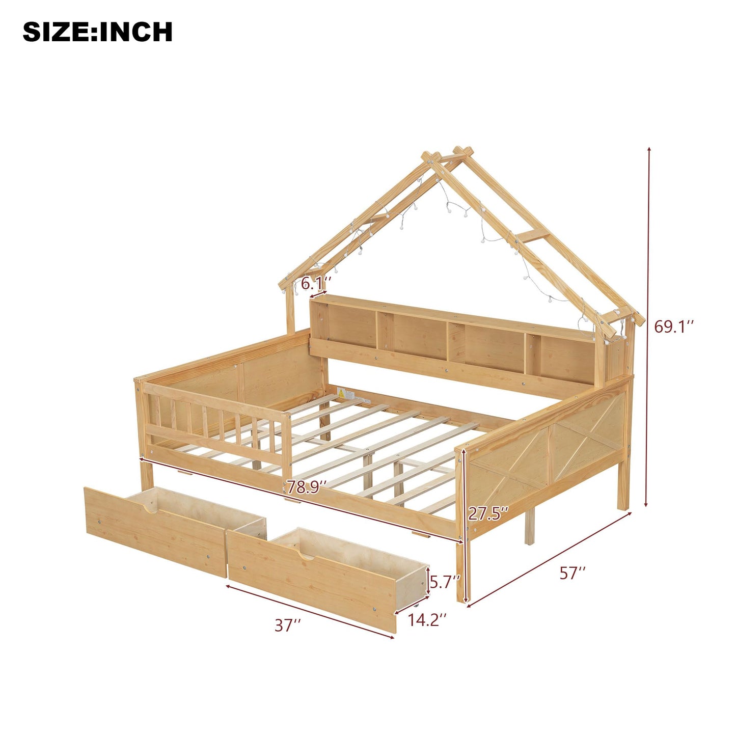 Merax Full Size House Platform Bed with LED Lights, Storage Shelves & Drawers - Bed with Guardrail, Sturdy Pine Wood & MDF Frame, Natural