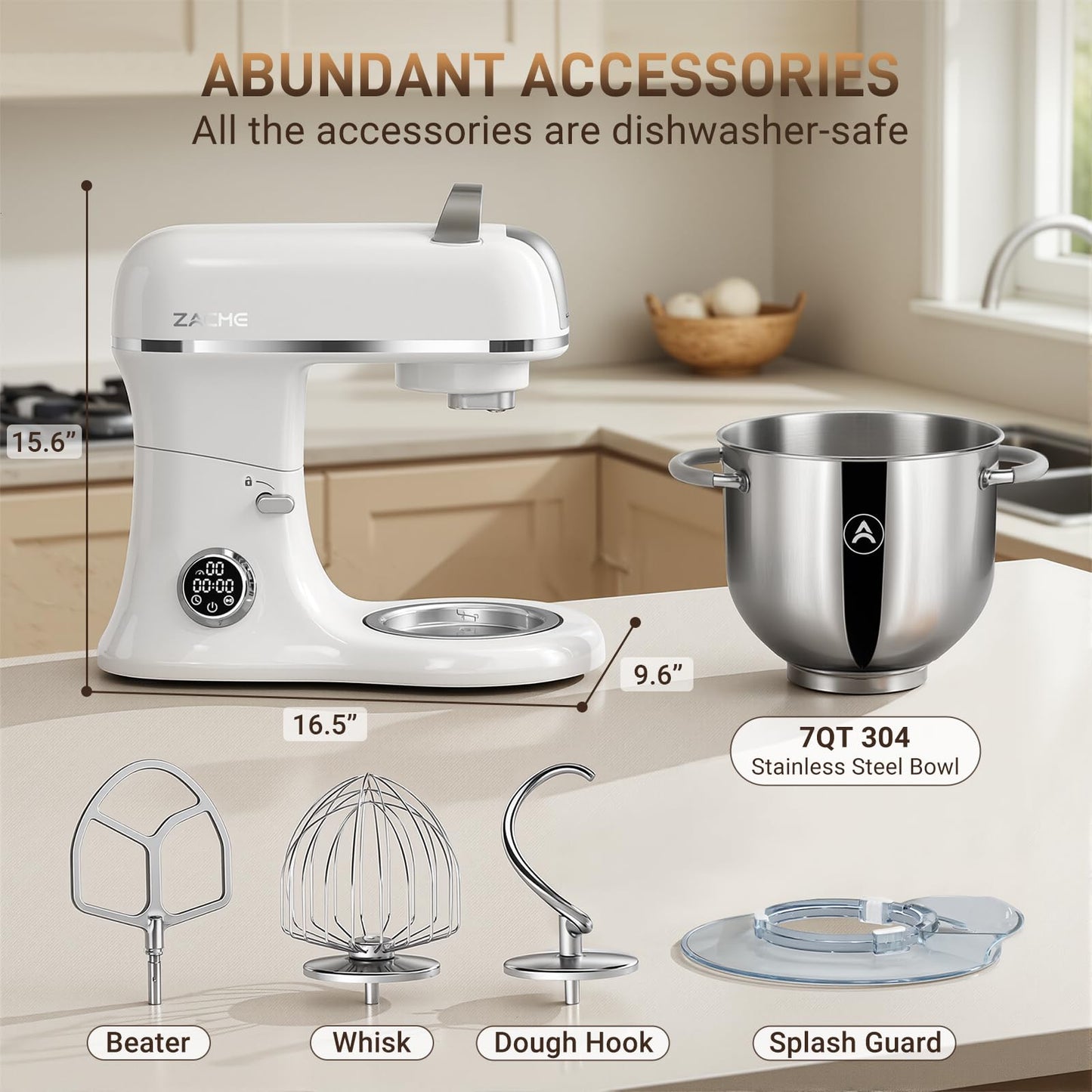 ZACME 7 Quart Stand Mixer Aluminum Die Casting, 650W 12 Speed Tilt-Head Kitchen Electric Stand Mixer, Household Food Mixer with Stainless Steel Bowl, Dough Hook, Whisk and Beater (Porcelain)