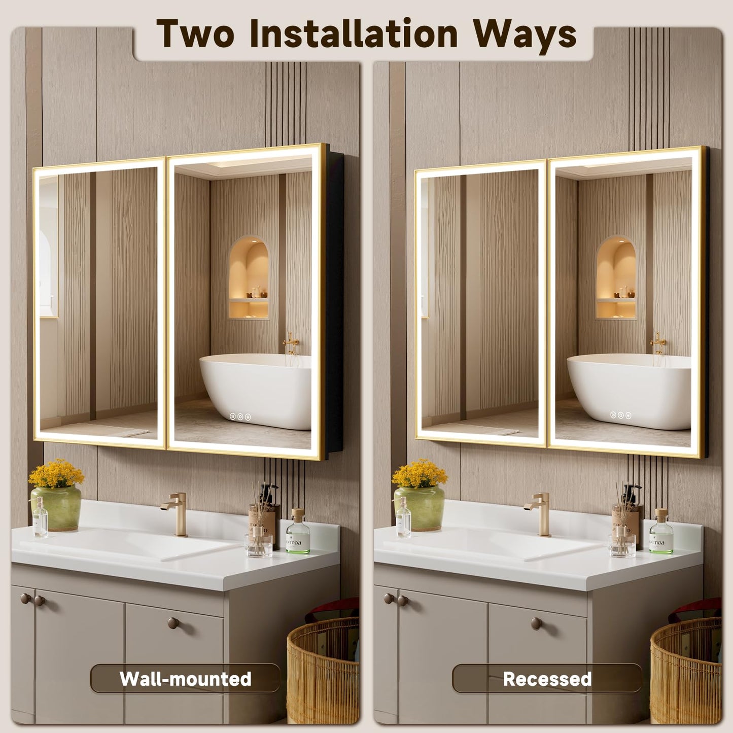 HGLITEDMIR 16x24 Inch Lighted Medicine Cabinet Gold Aluminum Frame 3-Color Dimmable LED Anti-Fog Mirror Surface & Recessed Mount for Bathroom Hotel Apartment Dressing Room Entryway