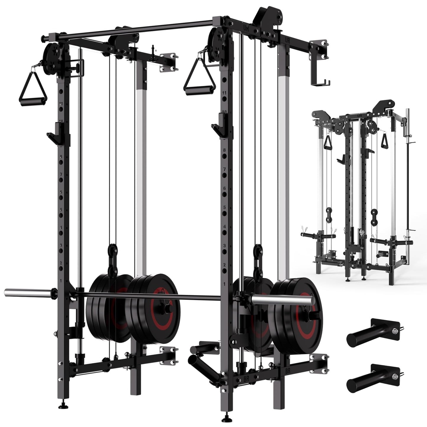 Garvee Wall Mount Smith Machine, Folding Power Rack with Independent Dual Pulley System, Multi-Function Squat Rack, Heavy Duty Power Cage Workout Equipment for Home Gym Strength Training
