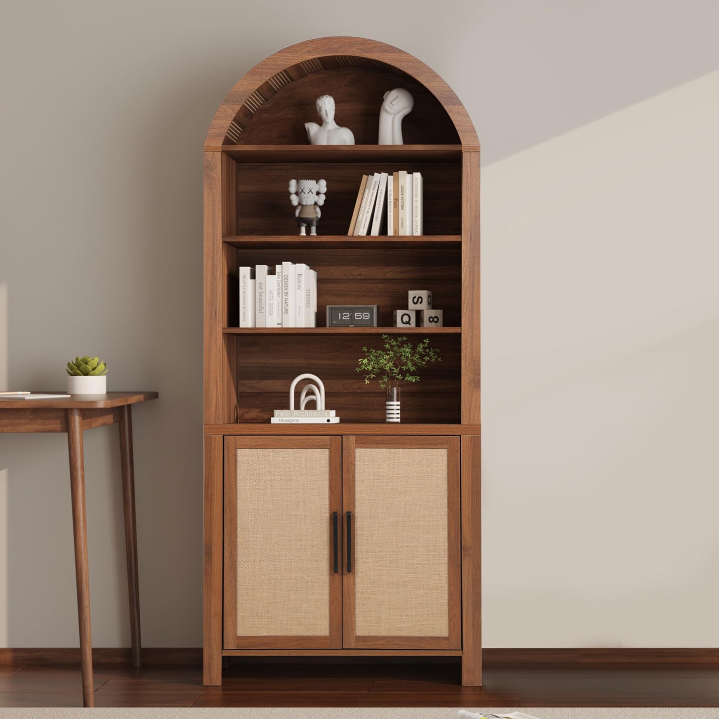 Janmer Home 71" Tall Arched Bookcase with Storage, Mid-Century Modern 6-Tier Cabinet with Door, Arched Bookshelf Cabinet with Open Display Storage Shelf for Office Living Room (Walnut)