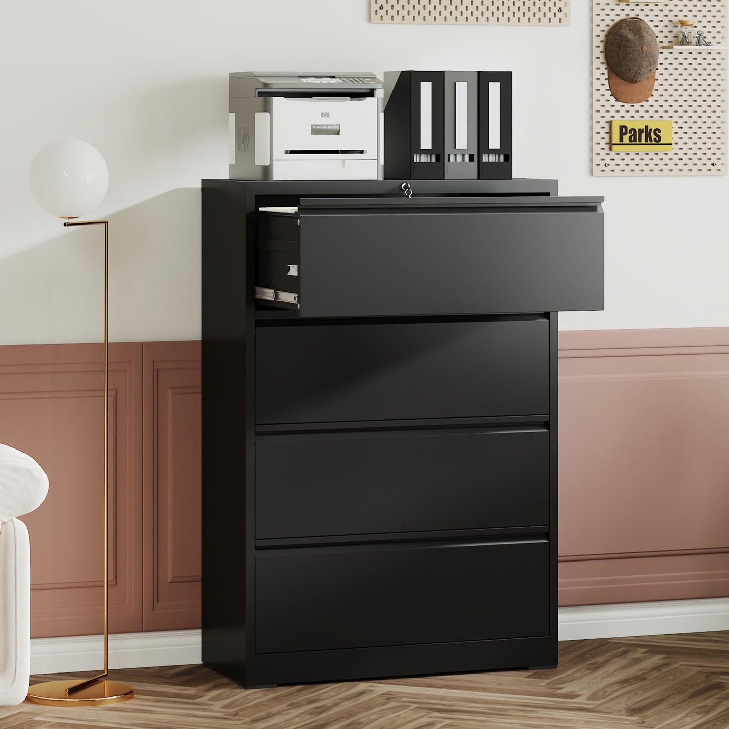 KEIKI 4 Drawer Lateral File Cabinet with Lock – Tall Heavy-Duty Metal Filing Cabinet, Space-Saving Wide Storage for Letter/Legal/A4/F4, Quiet Full-Extension Slides for Home Office, Black